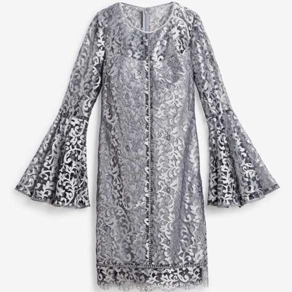 White House Black Market Silver Gray Metallic Lace Bell Sleeve Dress. - Picture 8 of 17